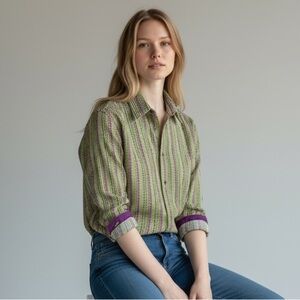 ROBERT GRAHAM - SZ LARGE - ECCENTRIC‎ GEOMETRIC BUTTON FRONT WOMEN’S SHIRT B16